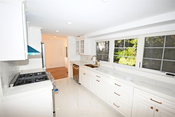 Interior, Kitchen, Marble, Recessed Lighting, Wood Texture Flooring