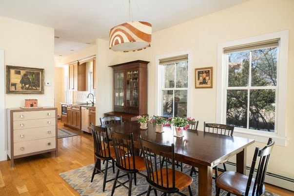 Dining room, Interior, Kitchen, Pendant Lights, Wood Texture Flooring