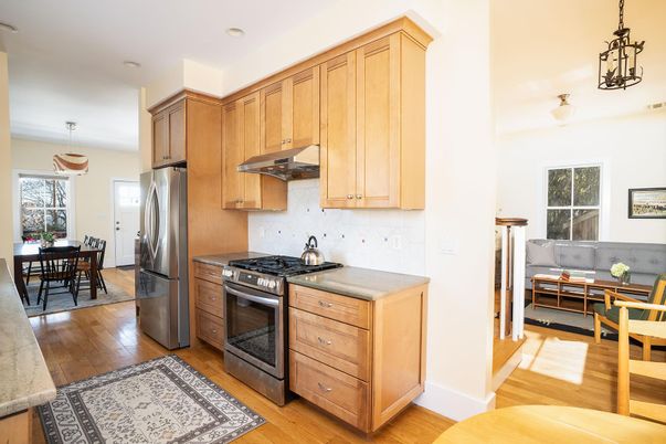 Dining room, Interior, Kitchen, Pendant Lights, Stainless Steel Appliances, Wood Texture Flooring