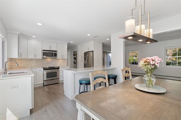 Interior, Kitchen, Pendant Lights, Recessed Lighting, Stainless Steel Appliances, Wood Texture Flooring