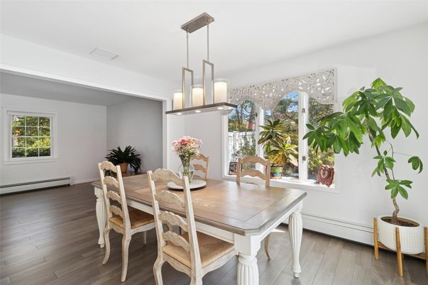 Dining room, Interior, Pendant Lights, Wood Texture Flooring