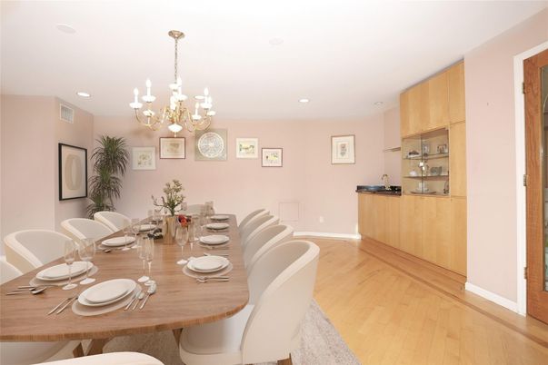Chandelier, Dining room, Interior, Recessed Lighting, Wood Texture Flooring