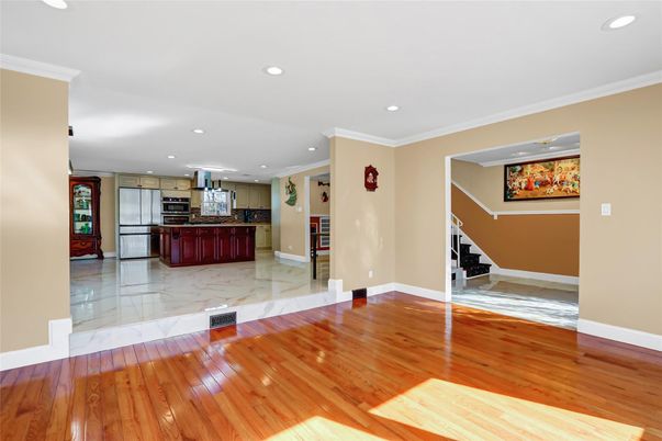 Interior, Kitchen, Marble, Recessed Lighting, Wood Texture Flooring