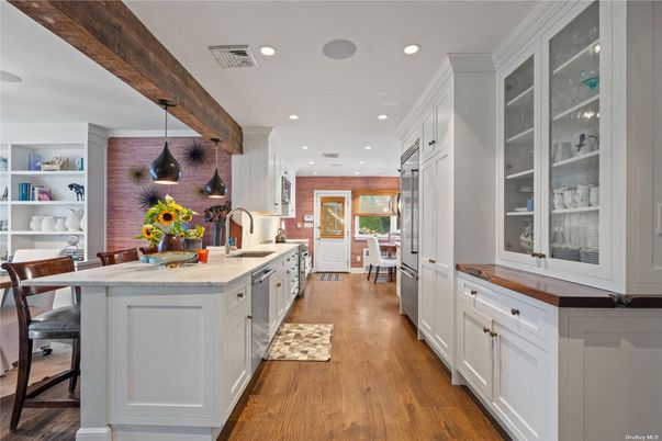Interior, Kitchen, Pendant Lights, Recessed Lighting, Stainless Steel Appliances, Stone Walls, Wooden Beams, Wood Texture Flooring
