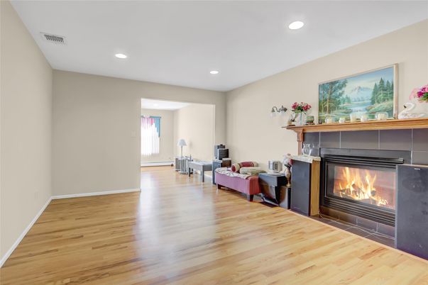 Fireplace, Interior, Recessed Lighting, Wood Texture Flooring