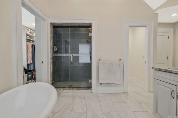Bathroom, Free Standing Baths, Glass Shower, Interior, Marble, Recessed Lighting