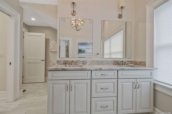 Bathroom, Chandelier, Dual Sink Vanities, Interior, Marble, Recessed Lighting