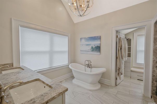 Bathroom, Chandelier, Dual Sink Vanities, Free Standing Baths, Interior, Marble