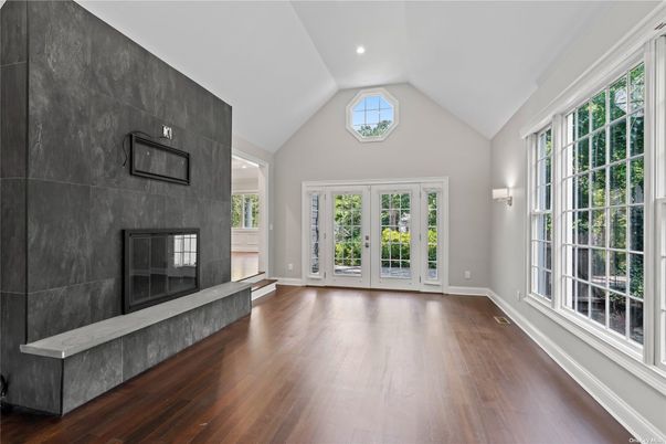Fireplace, Interior, Recessed Lighting, Wood Texture Flooring
