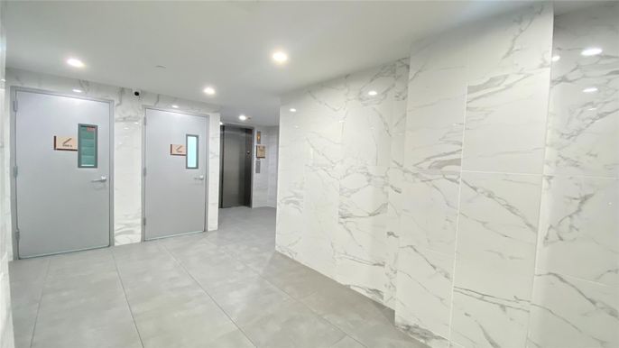 Elevator, Interior, Marble Walls, Recessed Lighting