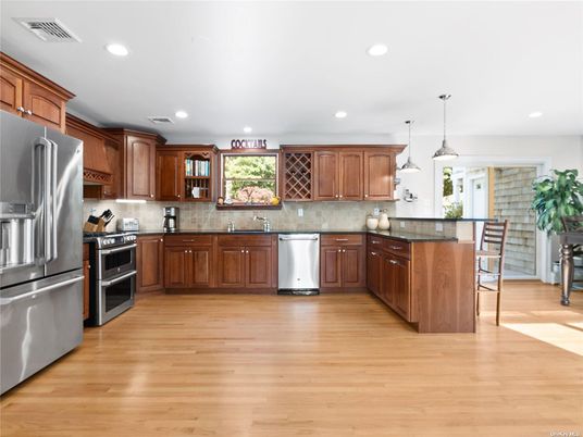 Interior, Kitchen, Pendant Lights, Recessed Lighting, Stainless Steel Appliances, Wood Texture Flooring