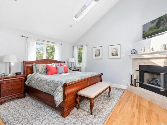 Bedroom, Fireplace, Interior, Recessed Lighting, Wood Texture Flooring