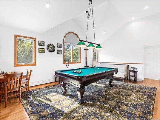 Billiard Table, Game Room, Interior, Pendant Lights, Recessed Lighting, Wood Texture Flooring