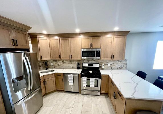 Interior, Kitchen, Recessed Lighting, Stainless Steel Appliances, Wood Texture Flooring