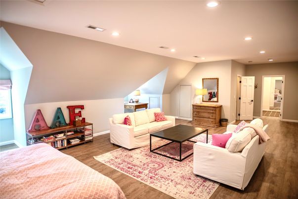 Bedroom, Interior, Living room, Recessed Lighting, Wood Texture Flooring