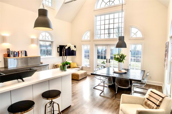 Dining room, Interior, Kitchen, Pendant Lights, Wood Texture Flooring