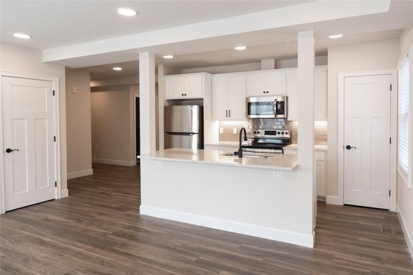 Interior, Kitchen, Recessed Lighting, Stainless Steel Appliances, Wood Texture Flooring