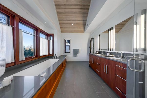 Bathroom, Dual Sink Vanities, Interior, Recessed Lighting, Wooden Ceilings