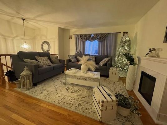 Fireplace, Interior, Living room, Pendant Lights, Wood Texture Flooring