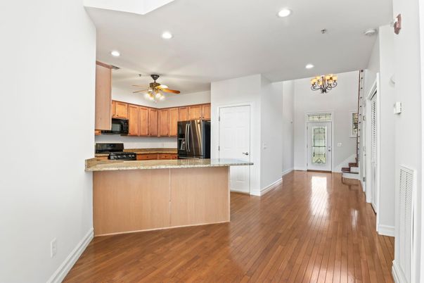 Chandelier, Interior, Kitchen, Recessed Lighting, Wood Texture Flooring