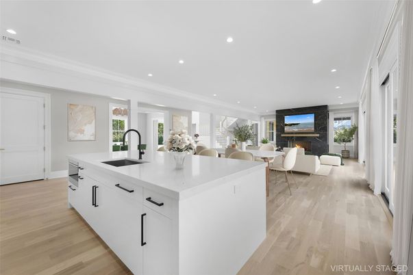 Dining room, Fireplace, Interior, Kitchen, Living room, Recessed Lighting, Wood Texture Flooring