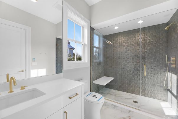 Bathroom, Glass Shower, Interior, Marble, Recessed Lighting