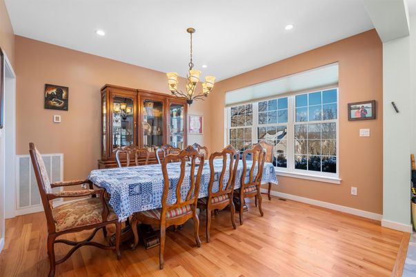 Chandelier, Dining room, Interior, Recessed Lighting, Wood Texture Flooring