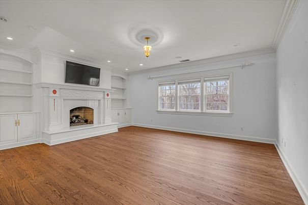 Empty room, Fireplace, Interior, Recessed Lighting, Wood Texture Flooring
