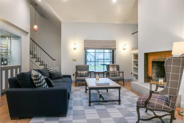 Fireplace, Interior, Living room, Pendant Lights, Wood Texture Flooring