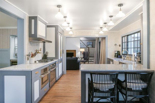 Interior, Kitchen, Pendant Lights, Stainless Steel Appliances, Wood Texture Flooring