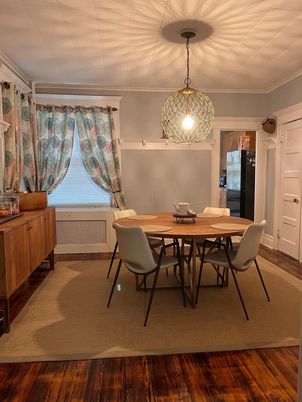 Dining room, Interior, Pendant Lights, Wood Texture Flooring