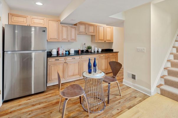 Dining room, Interior, Kitchen, Recessed Lighting, Stainless Steel Appliances, Wood Texture Flooring