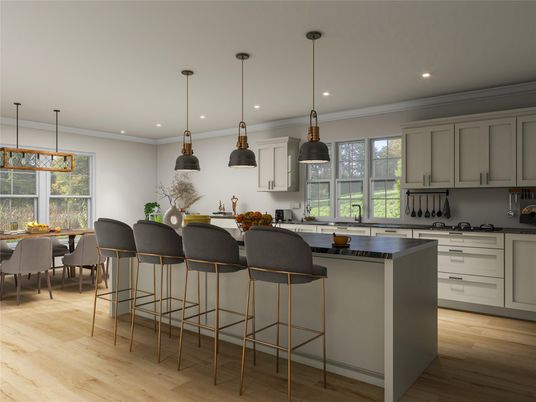 Dining room, Interior, Kitchen, Pendant Lights, Recessed Lighting, Wood Texture Flooring