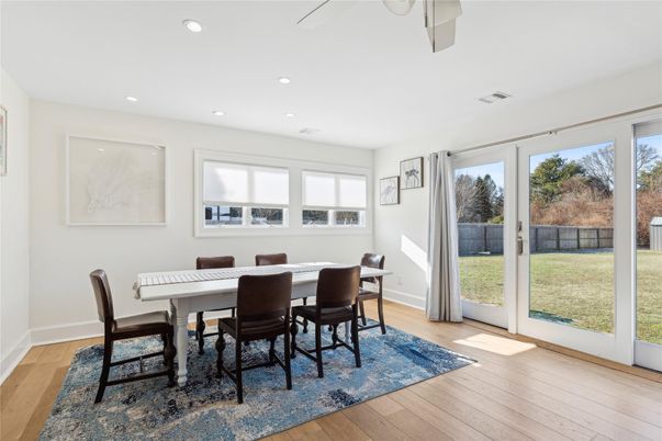Dining room, Interior, Recessed Lighting, Wood Texture Flooring