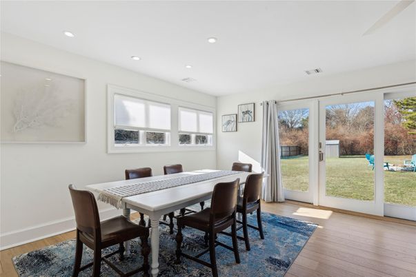 Dining room, Interior, Recessed Lighting, Wood Texture Flooring