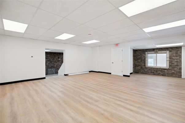 Empty room, Interior, Recessed Lighting, Stone Walls, Wood Texture Flooring
