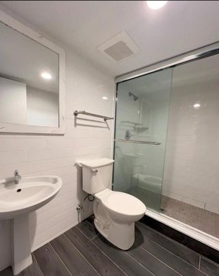 Bathroom, Glass Shower, Interior, Recessed Lighting, Wood Texture Flooring