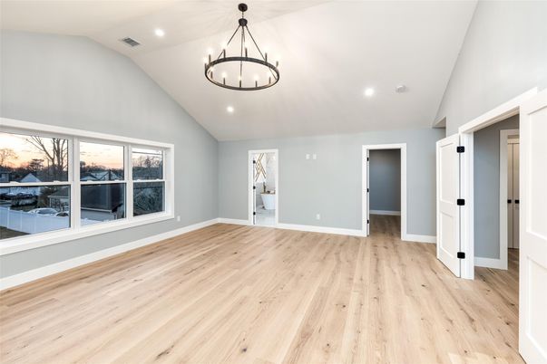Chandelier, Empty room, Interior, Recessed Lighting, Wood Texture Flooring
