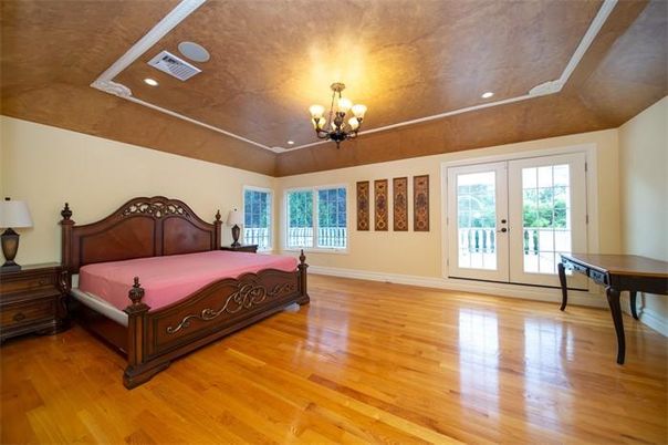 Bedroom, Chandelier, Interior, Recessed Lighting, Wood Texture Flooring