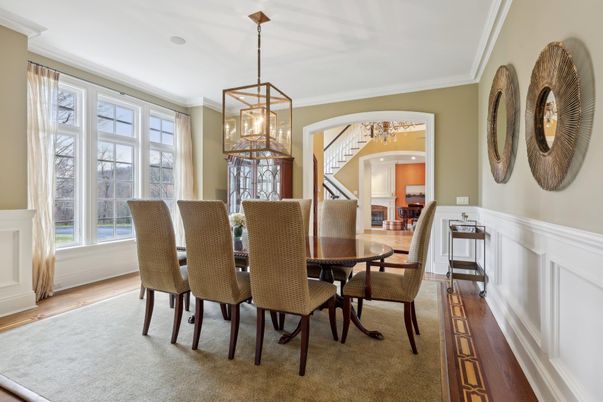 Dining room, Interior, Pendant Lights, Recessed Lighting, Wood Texture Flooring