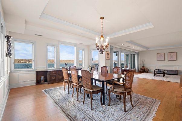Chandelier, Dining room, Interior, Recessed Lighting, Wood Texture Flooring