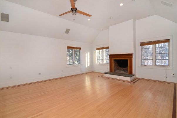 Empty room, Fireplace, Interior, Recessed Lighting, Wood Texture Flooring