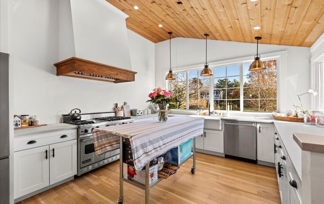 Interior, Kitchen, Pendant Lights, Recessed Lighting, Stainless Steel Appliances, Wooden Ceilings, Wood Texture Flooring