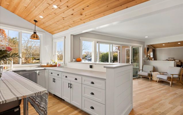 Interior, Kitchen, Pendant Lights, Recessed Lighting, Wooden Ceilings, Wood Texture Flooring