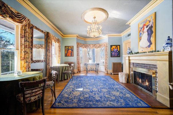 Chandelier, Dining room, Fireplace, Interior, Wood Texture Flooring