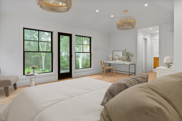 Bedroom, Chandelier, Home Office, Interior, Recessed Lighting, Wood Texture Flooring