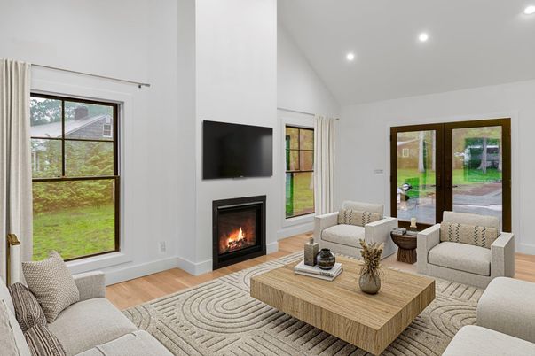 Fireplace, Interior, Living room, Recessed Lighting, Wood Texture Flooring