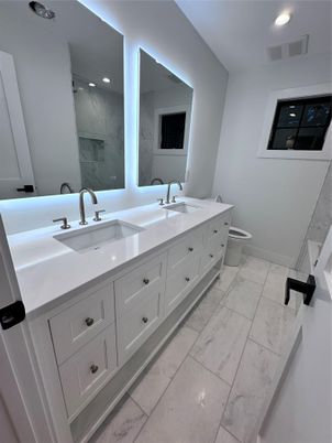 Bathroom, Dual Sink Vanities, Interior, Marble, Recessed Lighting