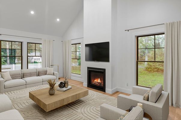 Fireplace, Interior, Living room, Recessed Lighting, Wood Texture Flooring