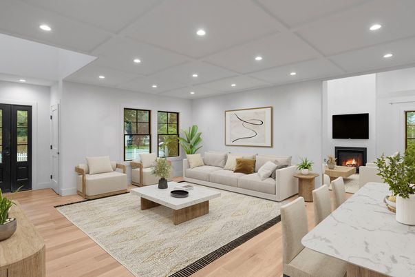 Dining room, Fireplace, Interior, Living room, Recessed Lighting, Wood Texture Flooring